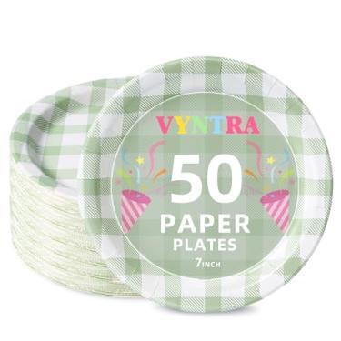 Imagem de Vyntra Pacote com 50 pratos de papel guingão, pratos de sobremesa descartáveis de 17,8 cm para chá de bebê neutro, chá de panela, festa no jardim e piquenique (guingão verde sálvia, 18 cm)