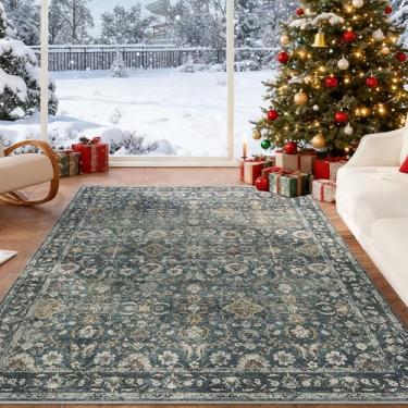 Imagem de ARKIIKI Tapetes laváveis 20 x 25 cm para sala de estar, tapetes grandes macios para área azul, tapete vintage interno para quarto, sala de jantar e escritório, tapete antiderrapante com revestimento