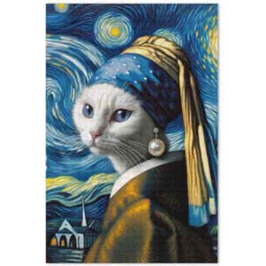 Imagem de Engraçado Gato Pintura Noite Estrelada 1000 Peças Quebra-cabeças para Adultos Paisagem Floral Quebra-cabeças Grandes Amigos Família Jogos Presentes, 75 x 40 centímetros