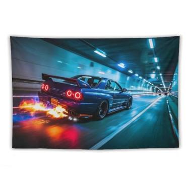 Imagem de HouLaiZhe JDM Tapeçaria de carro Jdm Car R32 que lança chamas em alta velocidade para pendurar na parede quarto decoração de casa tapeçarias estética piquenique decoração de parede arte de parede para
