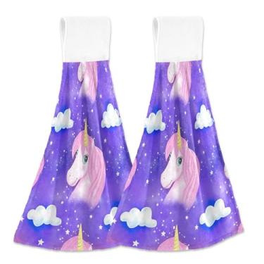 Imagem de Toalhas de mão com laços para pendurar unicórnio juba rosa nuvem roxa conjunto de 2 toalhas de gravata de forno, essenciais de cozinha decorativos macios absorventes, 46 x 35 centímetros