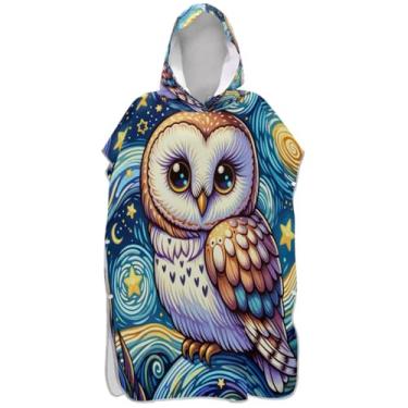 Imagem de Joisal Bonito desenho animado coruja noite estrelada surfe poncho trocador adultos praia banho toalhas com capuz plus size ponchos femininos com capuz