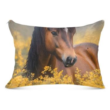Imagem de Fronha fofa de cavalo marrom flor amarela com zíper colorido padrão king queen size fronha para travesseiro para cama de casa sofá, tamanho padrão, 51 x 66 cm