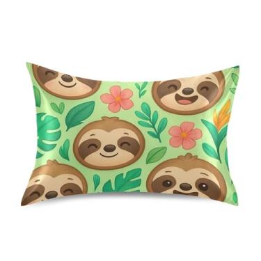 Imagem de Capas de travesseiro padrão King Queen Cute Cartoon preguiça verde cetim impressão moderna refrescante quarto estética tamanho king 101,6 cm x 50,8 cm