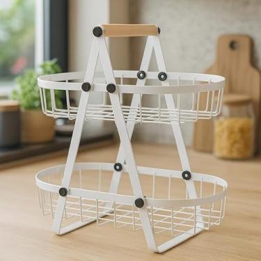 Imagem de Fruteira de Ferro com Madeira Natural Dois Andares para Cozinha Organização e Decoração (FRUTEIRA OVAL BRANCA 32X18CM)