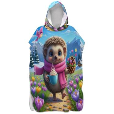 Imagem de Joisal Poncho de surfe para adultos trocador de roupão de praia com capuz toalha floral plus size ponchos femininos com capuz fofo ouriço floral