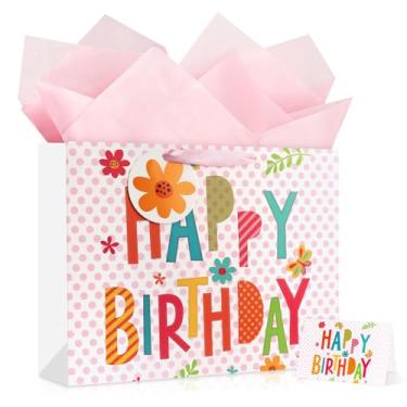 Imagem de YoungTree Bolsa grande de presente de feliz aniversário com papéis de seda e cartão, sacos de presente de papel portátil com alças, sacos de presente para mulheres e meninas, suprimentos de festa de