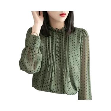 Imagem de Blusa De Chiffon Com Estampa De Poá Para Mulheres, Manga Longa, Decote