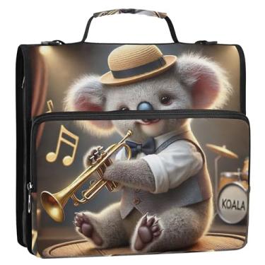 Imagem de Fichários divertidos de 3,8 cm, 3 anéis, resistente, trompete de coala, com zíper, organizador de fichário, comporta 500 folhas com alça bolsa escolar