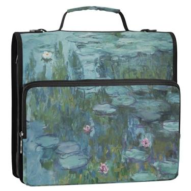 Imagem de Impressão de 3 argolas com 3 anéis de 3,8 cm, nenúfares, pintura Claude Monet, organizador de fichário com zíper, pasta de armazenamento com alça para fichários escolares com alça de ombro