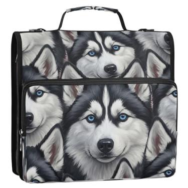 Imagem de Linda bolsa organizadora de fichário com zíper para cães Husky com alça de ombro, 3 anéis, 3 anéis, portfólio de 3 anéis, comporta 500 folhas para escola ou escritório