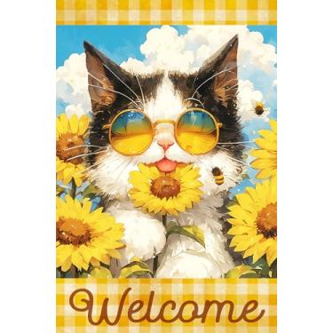 Imagem de Texupday Welcome Fall Sunglasses Cat Sunflower Buffalo Plaid Decoration Vertical Garden Flag Autumn Harvest Holiday Rustic Outdoor Yard Banner 30.5 cm x 45.7 cm