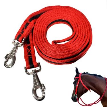 Imagem de Kabahorze Rédeas de cavalo com encaixes, 2,5 cm x 2,5 m, rédea de corda plana para cabeçote de cavalo | Aderência durável, macia e confortável (vermelho, preto e preto)