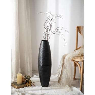 Imagem de Sziqiqi Vasos pretos de piso alto: vaso decorativo extra grande de metal de 69,8 cm para plantas falsas de grama dos pampas - Vaso grande com nervuras destacáveis para sala de estar, lareira interna