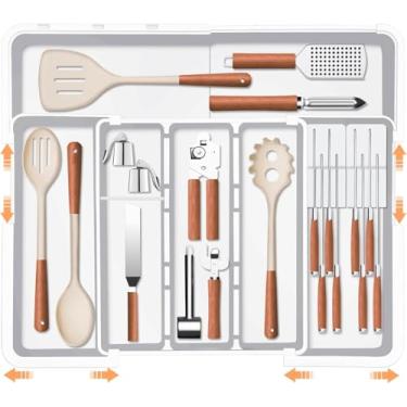 Imagem de Organizador de gaveta de utensílios grande para cozinha, organizador de talheres expansível, bandeja de talheres, armazenamento com bloco de facas removível (branco)
