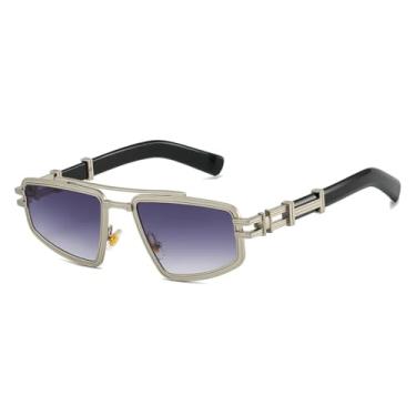 Imagem de HCHES Óculos de Sol Femininos de Luxo com Ponte Dupla Retrô, Lentes Degradê, Proteção UV400, Estilo Punk Masculino (Cinza Prateado)