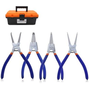 Imagem de TOOLUTION Conjunto de 4 peças de alicates de anel de pressão externo interno de 17 cm com garras retas e dobradas, alicate de clipe C para retenção, anéis de bloqueio, aço 45 resistente, totalmente