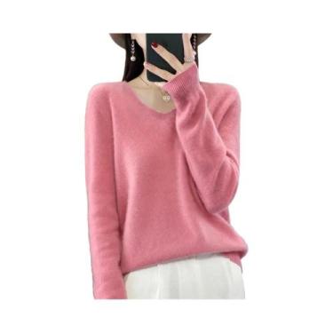 Imagem de Suéter Feminino De Lã Merino E Cashmere Com Decote Em V, Manga Longa, 