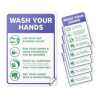 Imagem de 101SignCity Adesivo de vinil de 17,8 cm x 25,4 cm Wash Your Hands (5 unidades), placa de higiene com guia de lavagem das mãos em 4 etapas, azul, pôster autoadesivo à prova d'água para banheiros e