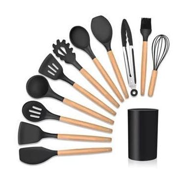 Imagem de Jogo de Cozinha Kit C/12 Pçs de Silicone Utensílios e Copo Suporte para Cozinha Cabo de Madeira Su(12 Peças-26.5CM-preto)