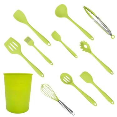 Imagem de Kit com 10 Utensílios de Cozinha + pote de armazenamento: Conjunto de Colheres de Silicone Premium(Verde)