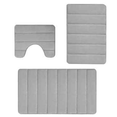 Imagem de Conjunto de tapete de banheiro lavável, tapetes de banheiro para área de banheiro, Conjunto de tapete de banho 3X para banheiro antiderrapante, Tapete absorvente quadrado do banheiro da esponja da águ