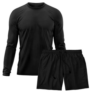 Imagem de Kit Short Praia Academia Passeio Treino Preto + Manga Longa Masculina Segunda Pele Dry-Masculino