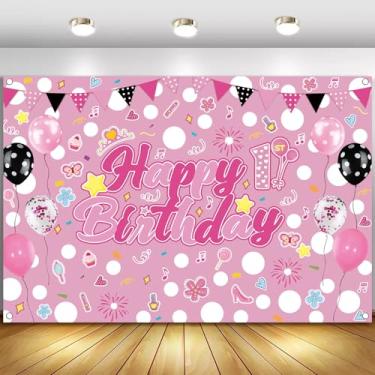 Imagem de Pano de fundo de feliz aniversário | 1,5 x 0,9 m com tema de desenho animado rosa | Perfeito para aniversários de meninas, chás de bebê, cabines de fotos e decorações de festas de fim de ano