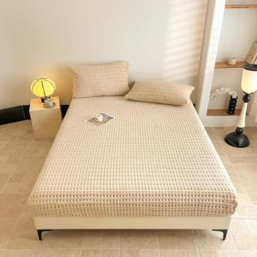 Imagem de Lençol de cama completo de tecido waffle com bolso profundo 38 cm - Lençol de cama texturizado ultramacio com elástico em toda a volta - Roupa de cama respirável de qualidade hoteleira, bege areia
