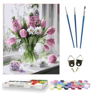 Imagem de Zha Qiyong Kit de pintura por números para adultos iniciantes hortênsia em vaso de vidro janela paisagem lindas flores coloridas kits de pintura 30,5 cm L x 40,6 cm C (flores rosa)