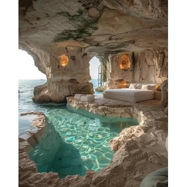 Imagem de GXGLLPZBY Kit de pintura por números para adultos iniciantes, sala com vista do mar caverna kits de pintura por números em tela, kit de pintura de números acrílicos a óleo faça você mesmo, decoração