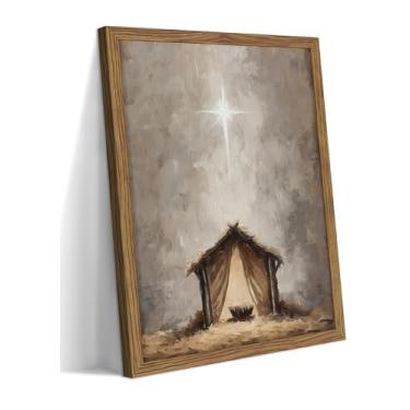 Imagem de Arte de parede de Jesus vintage emoldurada, impressões de arte de presépio, decoração de parede cristã, pintura de manjedoura, arte em tela de férias religiosas para igreja sala de oração sala de