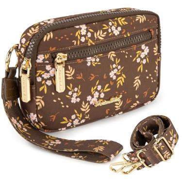 Imagem de Montana West Carteira de pulso feminina de nylon RFID, pequena bolsa tiracolo para celular, com compartimentos de cartão integrados para presente, Café