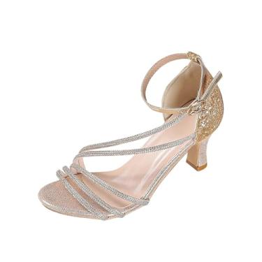 Imagem de Salto alto feminino moderno, casual, versátil, bico redondo, com strass Feng Shui, design de uma alça para um visual temperamental, adequado para várias ocasiões, Dourado, 36