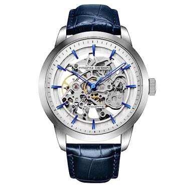 Imagem de TYBERLEY Pagani Design clássico masculino esqueleto mecânico automático pulseira de couro aço inoxidável corda automática à prova d'água negócios analógico esportivo relógio de pulso, Azul, Alça