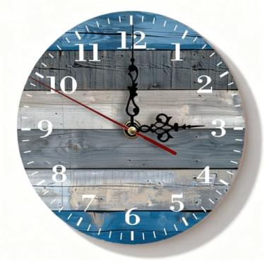 Imagem de Relógio de parede silencioso de madeira recuperada azul náutico - Decoração rústica costeira sem tique-taque para escritório em casa - Relógio de madeira Shiplap - 19 cm