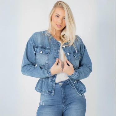 Imagem de Jaqueta Feminina Jeans Punho e Cintura Elástica Bolso Frontal Botão-Feminino