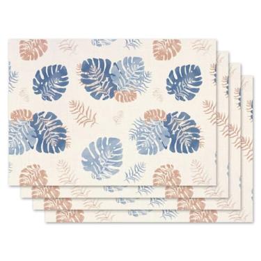 Imagem de Jauageon Jogo americano primavera verão folhas de palmeira conjunto com 4 tapetes de mesa sazonais de verde tropical Monstera, Havaí, para ambientes internos e externos, casa, cozinha, jantar
