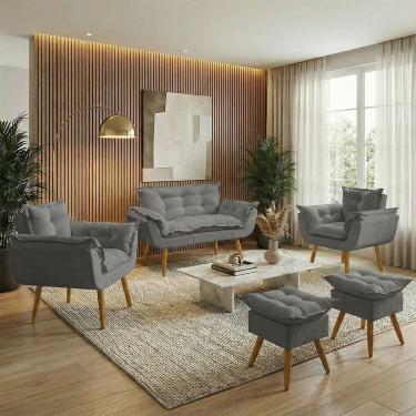 Imagem de Kit Namoradeira 2 Poltronas e 2 Puffs Confortável Para Sala Recepção Manicure Consultório Alice Suede