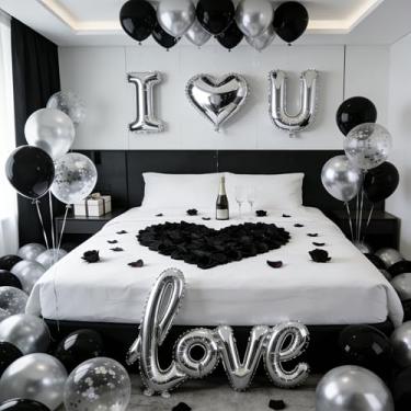 Imagem de Balões I Love You de 81 cm preto e prata com formato de coração, balões de folha de amor e 1000 peças de pétalas de rosa para decoração de aniversário do dia dos namorados (preto e prata)