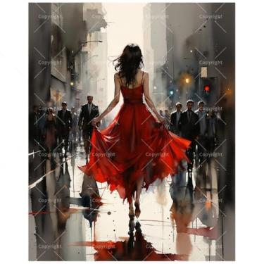 Imagem de Kit de pintura por números Urban Fashion para adultos – DIY Mulher em vestido vermelho andando pela cidade pintura em tela 40,6 x 50 cm, conjunto de tinta acrílica emoldurada, adequado para iniciantes