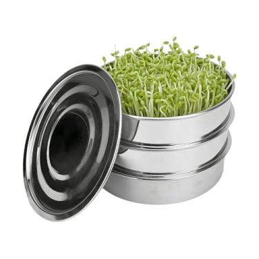 Imagem de AKAZA Kit empilhável de germinação de sementes de aço inoxidável de 23 cm, bandeja de germinação de malha de 3 camadas, 1 base e 1 tampa, propagador microgreens para feijão, ervilha, brócolis, grama
