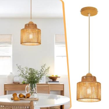 Imagem de OTeedo Boho Luz pendente de vime ilha de cozinha, lustres de casa de fazenda lâmpada suspensa de altura ajustável para sala de jantar, luminárias de teto de cozinha com iluminação de abajur de vime