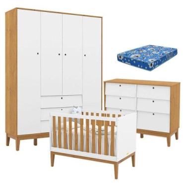 Imagem de Quarto De Bebe Unique 4 Portas Com Cômoda 6 Gavetas Branco Soft Freijó
