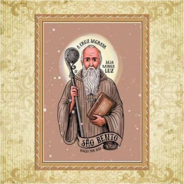 Imagem de Quadro Moldura Dourada São Bento Cruz Sagrada 24X18Cm