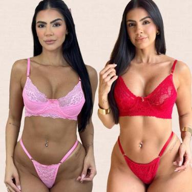 Imagem de Kit 2 Conjuntos Renda Meia Taça Laura Tamanho:GCor:Vermelho Rosa Claro
