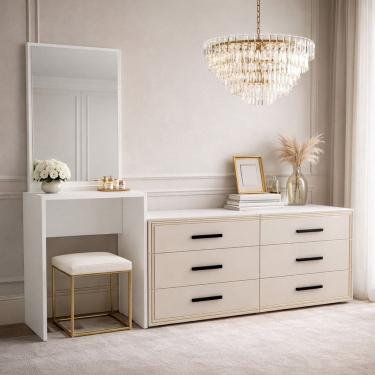 Imagem de Cômoda Penteadeira 6 Gavetas Valência Creme/Branco