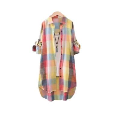 Imagem de Camisa Feminina Xadrez De Manga Longa, Blusa Casual Chic Em Linho E Al