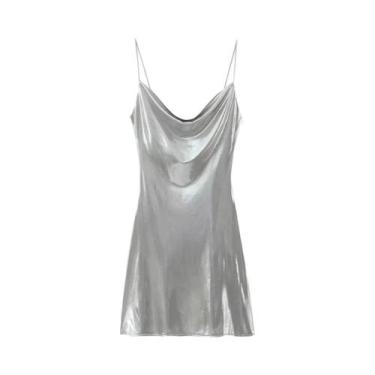 Imagem de Vestido Mini Metálico Para Mulheres Com Design Plissado Chic, Casual D
