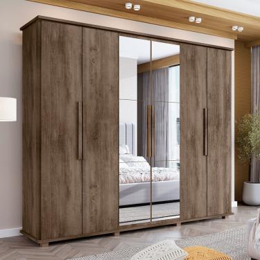 Imagem de Roupeiro Canadá Ii Com Espelho 6 Portas 4 Gavetas Para Quarto De Casal Moderno E Funcional - Freijó